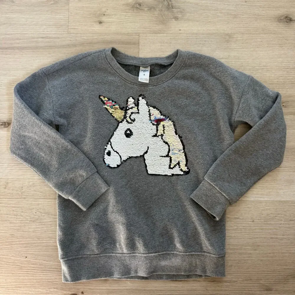 OshKosh B'Gosh Girls Unicorn Sequin Sweater Shirt Grey Size 8